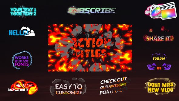 FCPX插件12个动态火焰电流烟雾标题文字MG动画预设Action Titles