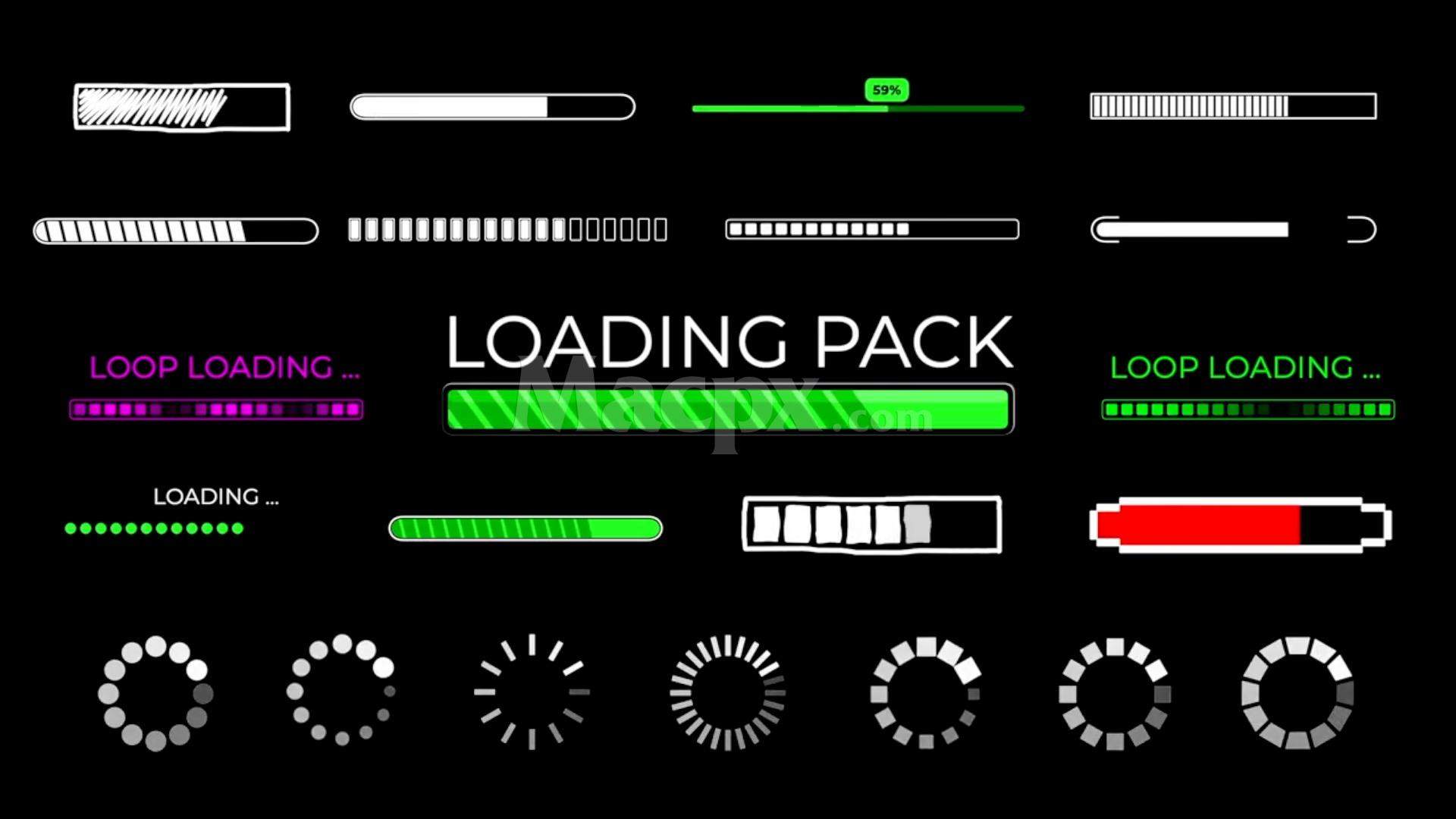 FCPX插件-23款创意进度条加载样式动画叠加层Final Cut Pro效果